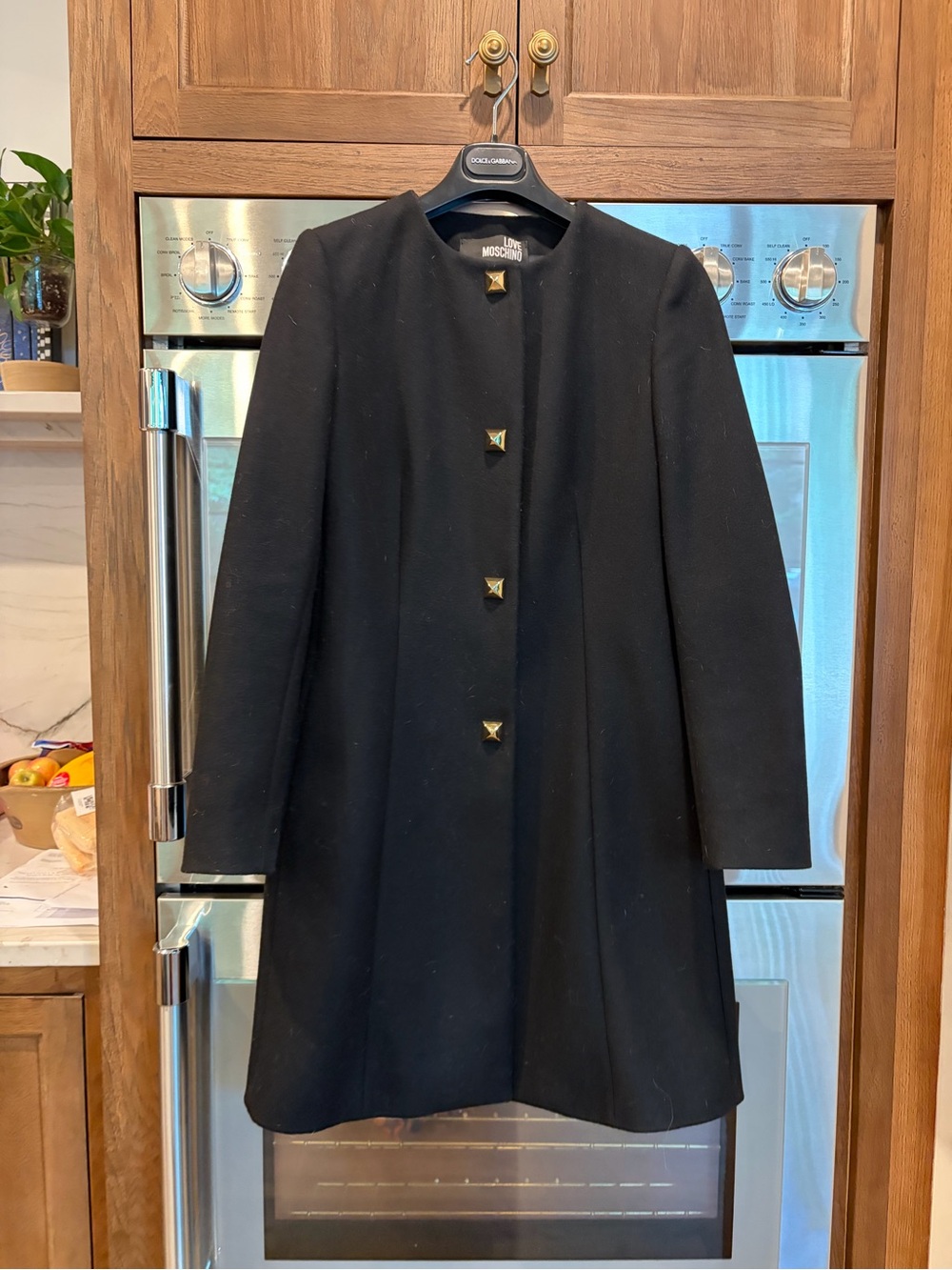 Love Moschino Black Wool Pea Coat with Gold Pyramid Buttons